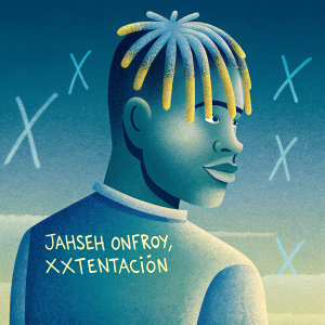 Hand-drawn portrait of Jahseh Onfroy, aka XXXTentacion. Charcoal sketch with bold outlines and expressive shading. Graffiti-style text and street art symbols. Punk-inspired aesthetic.