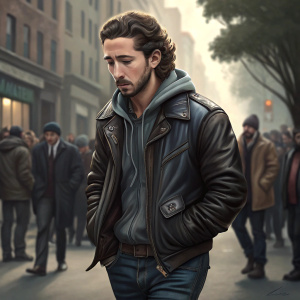 Shia LaBeouf in a candid shot. Dark jeans, black leather jacket, and a solemn look. Crowded street background.