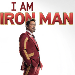 Robert Downey Jr. as Iron Man in promotional poster. White background, red suit, bold text 'I am Iron Man'