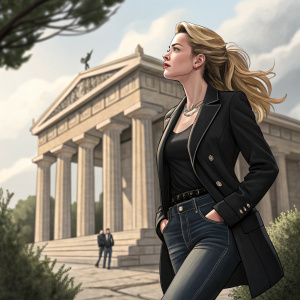 Amber Heard, dressed in a black blazer and fitted jeans, stands in front of a Greek-style columned building. She looks intently at a point in the distance, her blonde hair flowing freely.