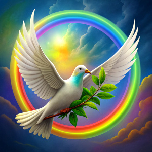 dove with olive branch in beak, rainbow, ark