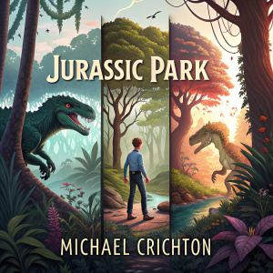 A collection of Jurassic Park book covers. Depicting a dense forest landscape with vividly detailed flora and fauna. Each cover features a different scene of prehistoric creatures, a human figure, the title, and the artist's name Michael Crichton in a highly detailed and colorful artistic style.