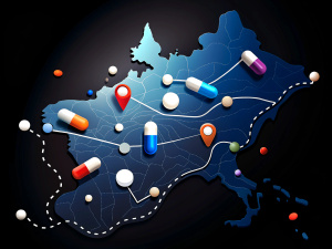 A map with a route, featuring locations represented as pills, vitamins, injections