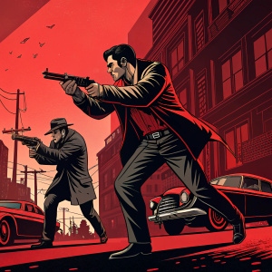 Illustration for Mafia II, featuring dynamic characters in action poses, set against a bold red and black color scheme.