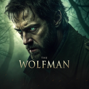 DVD cover for 'The Wolfman'. Close-up of a man's face, rough and aggressive. Dark and moody background with eerie green hues and shadowy details. Dramatic atmosphere.