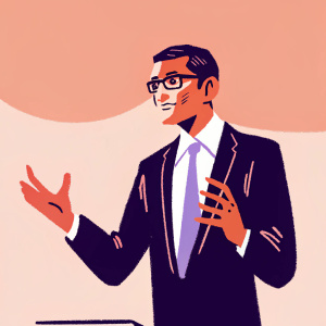 Rajeev Suri, CEO of Nokia Siemens Networks, in a dynamic keynote speech. Wearing a dark suit and sky blue tie. Minimalist background