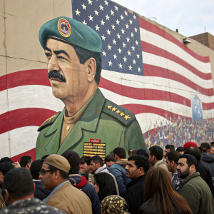 A controversial mural depicting Saddam Hussein. He wears a military uniform with an American flag in the background. Diverse crowd gathered