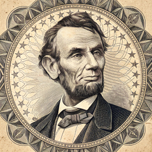 Abraham Lincoln on a U.S. bill. Detailed geometric patterns. Muted colors. American history artifact.
