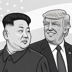 Caricature depicting Kim Jong-un and Donald Trump, using bold outlines and minimal colors, black and white illustration