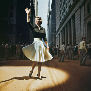 Natalie Portman, waving enthusiastically on a bustling New York City street. Wearing a black blouse and white skirt with high heels. Crowds of people and tall buildings in the background.