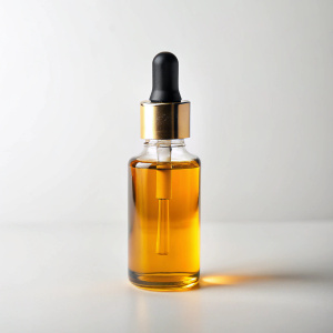 small bottle with elegant pipette and orangeish 
aroma oil on white background front view

