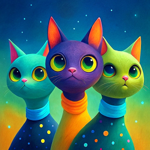 A cartoonish three cats with big round eyes, black ears and light brown fur.
they wears a red and blue scarf with white polka dots tied around his neck.
The cat's eyes are very expressive, giving a friendly and curious feeling.
The visible texture suggests that the work is painted on old wood background.
It is a very colorful and cheerful artistic painting