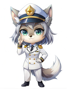 lobo hembra estilo chibi capitán de la marina de guerra, uniforme blanco, SALUDO MILITAR