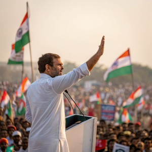 Rahul Gandhi addressing a political rally, hand raised. Crowd in the background, waving flags