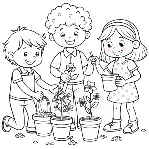 coloring page for Gardening: Color the Cozy Friends tending to their vegetable garden, planting seeds and watering plants. white background 