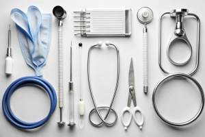 Flat lay composition with medical instruments on white background