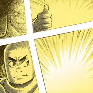 Illustration of Overwatch character with a resolute expression and a thumbs-up gesture. Detailed panels showcasing various facial expressions. Black and white with highlights in vivid colors. Comic strip format