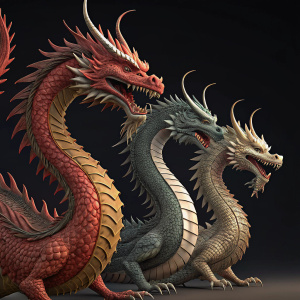 Digital illustration showcasing several dragons. Traditional Chinese design. Dark background. Dragons in dynamic poses, menacing yet majestic. 3D render style.
