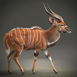 Detailed digital 3D model of Nyala antelope. Neutral background. Antelope has reddish-brown coat with white stripes. Horns are prominent