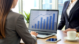 Cropped photo of businesswomen analyzing business diagram, marketing statistics and finance market graphs on laptop monitor in the office