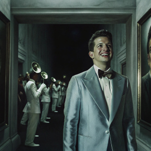 Charlie Puth, smiling brightly, at the Grammy Awards. Wearing a blue tuxedo. Background filled with gold statues and celebrities.