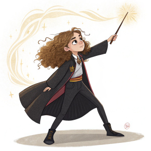 Digital illustration of Hermione Granger, wielding her wand, in a heroic stance, promotional artwork for new Harry Potter content.