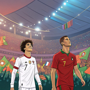Cristiano Ronaldo and Felix in an animated stadium scene. Colorful crowd cheering in background. Packed arena atmosphere.