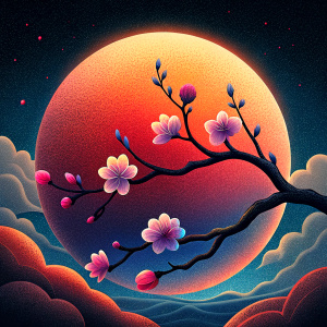 branch with a few single cherry blossoms dark and powerful in front of an orange-red sun in a dark atmosphere