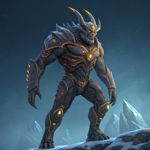 Digital artwork of Kolosse, a fearsome alien creature from Code Lyoko. Its robust, muscular form is adorned with intricate designs and dark shades, highlighted by orange and yellow accents. Standing atop icy formations, against a dark blue backdrop.