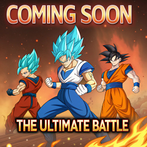 Goku, Vegeta, and Gohan from Dragon Ball with blue hair, posing against a fiery backdrop. Promotional details such as 'Coming Soon' and 'The Ultimate Battle' appear in the foreground.