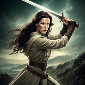 Bridget Regan as Kahlan Amnell in intense combat pose. Dull color scheme, dramatic background. Promotional poster for Legend of the Seeker TV series.