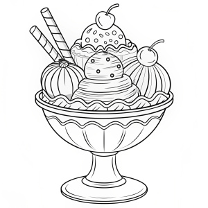 coloring page of Ice Cream Sundae, bold black line art, white background