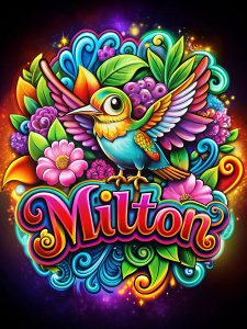 cartoon del nombre "Milton" de letras extra grandes y sobresalientes de colores vivos, imagen central de un picaflor bebe alado cartoon con bordes de líneas gruesas de colores vivos, el nombre "Milton" debe tener bordes de líneas  gruesas y sobresaliente. con flores cartoon ¡Haz un modelo de moda  único y espectacular, cinematográfico