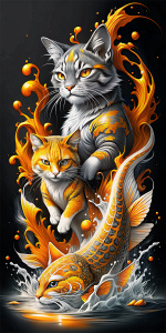 plumber koi cat shogun splash orange and gray samurai japan