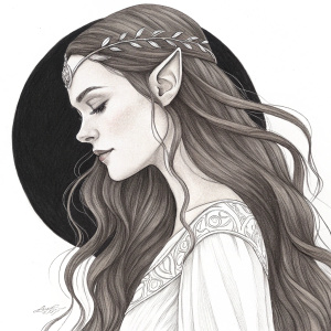 Sketch of a female elf, standing tall with long brown hair flowing. Detailed pencil drawing. Simple black background highlighting the intricate shading and expression.