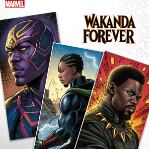 Digital collage showcasing Marvel's 'Wakanda Forever' comic book covers. Each panel teems with action, vibrant colors, and dynamic characters. Against a stark white background, the Marvel Comics logo stands out, framing the epic journey into the Marvel universe.