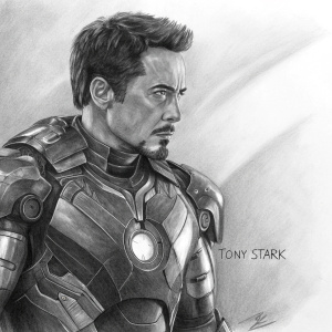 Realistic pencil sketch of Tony Stark in his Iron Man suit. The intricate design of the armor is highlighted with metallic texture. Artist's signature on the bottom right corner