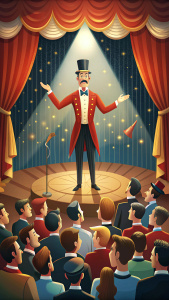un presentador de circo llamando la atencion del publico antes de una presentacion
