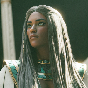 Digital art of Nubia Nefertari. Her long, silver hair and intense eyes stand out. Wearing traditional attire with gold and turquoise accents. Dark blue backdrop.