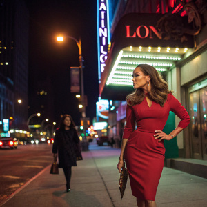 Jennifer Lopez, dressed in a chic red dress, posing on a bustling city street at night. A woman with similar ethnicity walks past in the background.