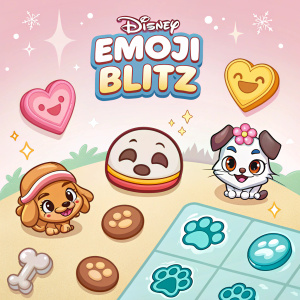 Illustration for Disney Emoji Blitz. Whimsical, cartoonish style with pastel colors. Includes emojis, paw prints, bones, skulls, and Disney branding.