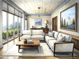 a sketch of a beautiful modern living room, (((foster and partners, artists impression, artistic impression, higher detailed illustration, an illustration, detailed illustration, artist's impression))), a kitchen cabinet behind the white sofa, with minimal pictures on the wall, linen curtain next to the room window, coffee table, modern wood, ceiling with magnetic emissive lighting

