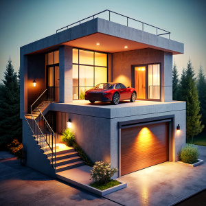 three-dimensional, 2 floors, entrance to the garage, 60 sq.m