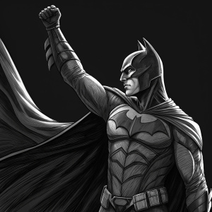 A detailed digital illustration of Batman. His muscular frame and angular face are prominently featured. One arm raised defiantly, cape billowing behind him. Set against a stark black background