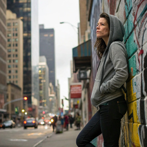 Evangeline Lilly in a bustling urban setting. She is dressed in a casual, modern outfit. Wearing a grey hoodie and black jeans. Standing near a graffiti-covered wall. The background features a crowded city street with towering buildings.