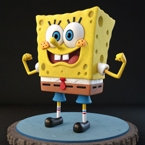 3D-rendered model of Spongebob Squarepants flexing in a defiant pose. Angry facial expression. Set against a plain black backdrop.