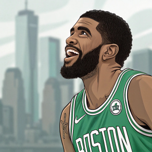 Cartoon illustration of Kyrie Irving. Wearing Boston Celtics jersey. Background is blurred urban skyline.