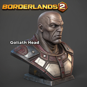 Highly detailed 3D rendering of Goliath Head from Borderlands 2. Set against a dark grey background with the game's logo prominently displayed.