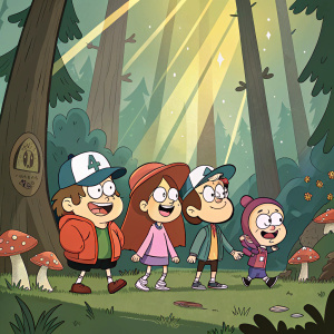 A vibrant group photo of characters from Gravity Falls. Dipper Pines, Mabel Pines, Grunkle Stan, Soos, and Bill Cipher. They're standing in a magical forest, sunlight dappled. Cartoon style, adventurous tone.