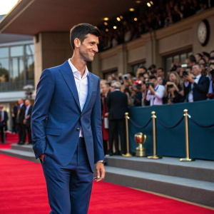 Novak Djokovic, tennis star, at an award ceremony. Wearing a blue suit, standing on a red carpet. Crowd in the background.